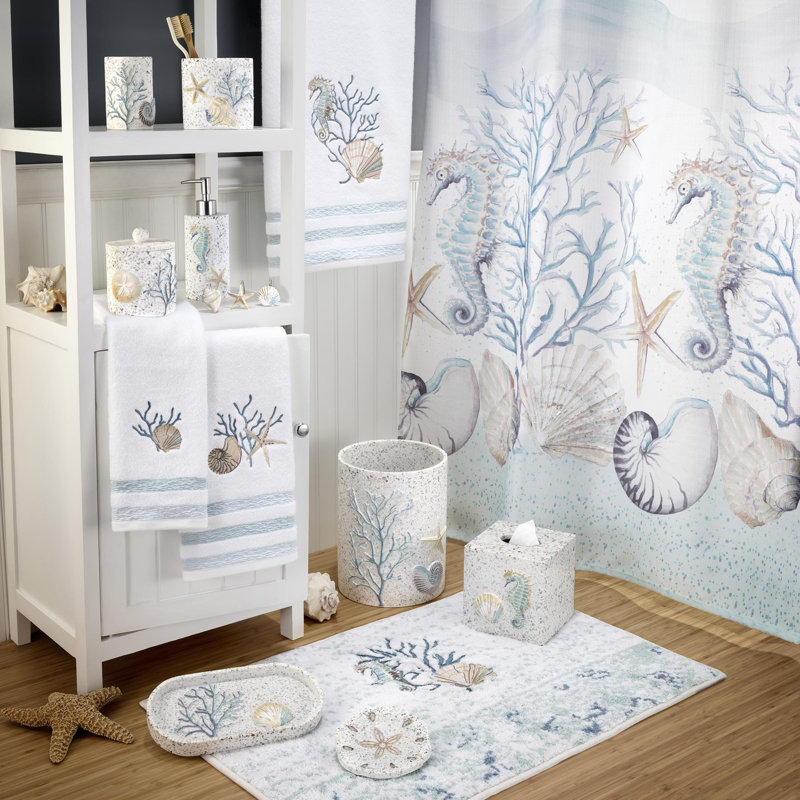 White Cotton Coastal Embroidered Bath Towel with Seahorse Design