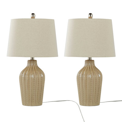 Lampe de table contemporaine 23 po en céramique de sable cubique, nickel poli et abat-jour en lin naturel - ensemble de 2