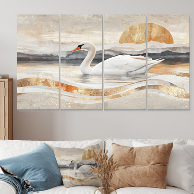 Coucher de soleil sur les reflets de l'élégance II - Art mural animal cygnes - Art mural moderne pour le salon 4 pièces