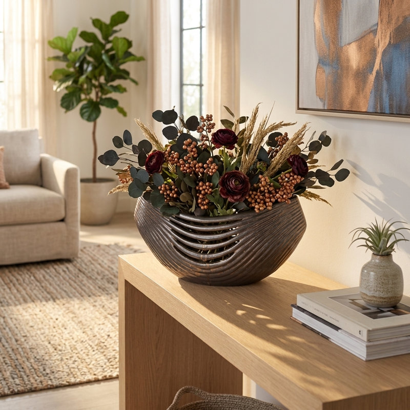 Bol décoratif ovale en céramique sculpté pour la cuisine - Bol décoratif moderne pour table de salle à manger - 18 po, bronze et cuivre