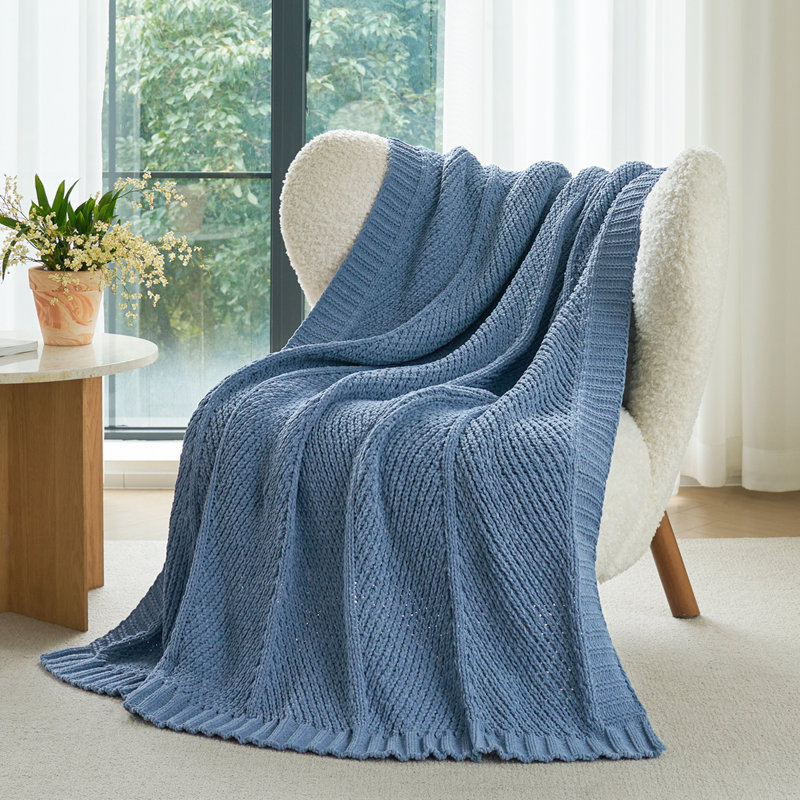 Jeté tricoté en chenille pour lit, canapé et lit, L 50 po x L 60 po, Washing Blue