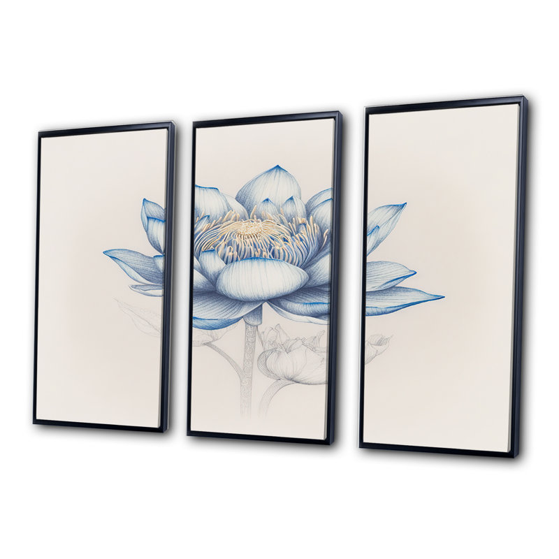 «Vintage Blue Lotus II», reproduction sur toile 3 pièces, Toile encadrée noire, H 28 po x l 36 po x P 1 po