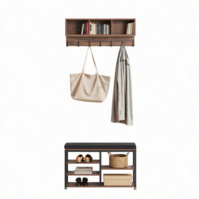 Coat Rack with Shoe Bench, Shoe Coat Rack Combo Set with Hooks and Bookshelf, Steel Frame Hall Tree Entrance Storage Organizer Holder for Entry, Bedroom