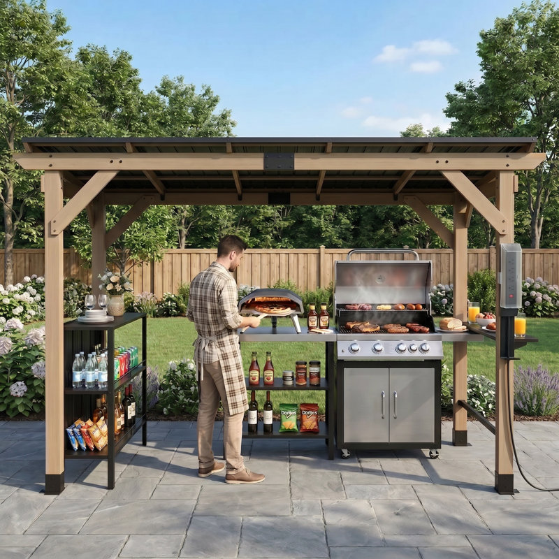 6 X 12 Ft. Cedar Wood Gazebo With USB Charging Socket, Storage Shelving And Bar Counter, Galvanized Steel Hardtop For Outdoor Patio, Deck, Backyard