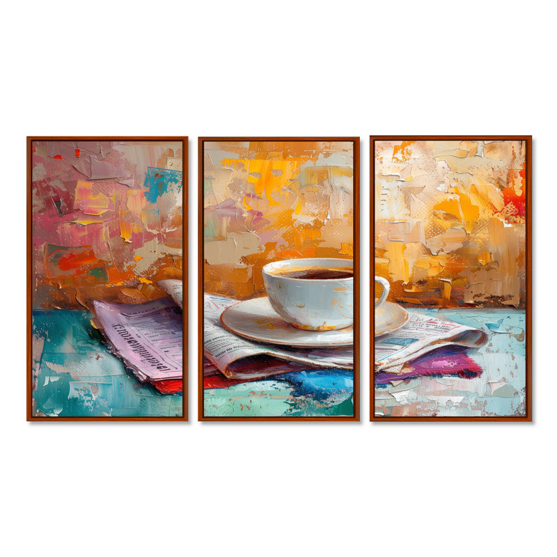 Morning Cozy Cup Of Coffee - Ensemble de décoration murale café, H 28 po x l 36 po x P 1 po, Toile avec cadre flottant brun