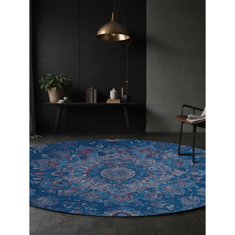 Machine Washable Blue Area Rug, Round 7'