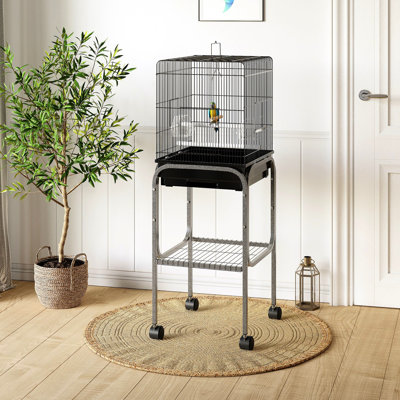 Cage à oiseaux en métal pour perroquets, noir - Volière spacieuse avec support amovible, espace de rangement et choix de perchoirs