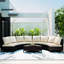 Résistant aux intempéries, 5, PE brun, extérieur, table en verre trempé, coussins beiges, coussins confortables, structure solide, efficacité de l'eau modulaire