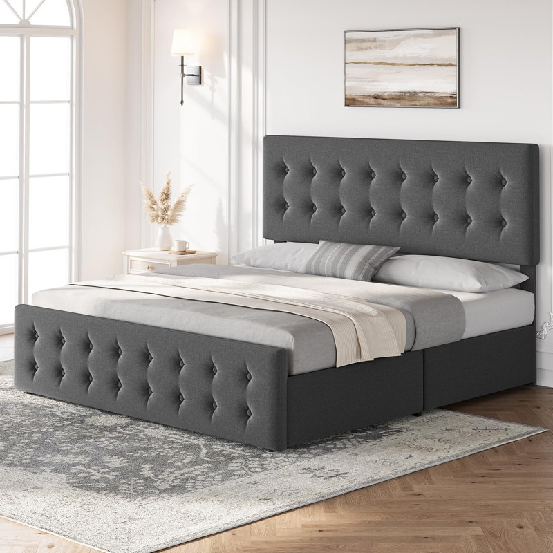 King Bed Frame With Headboard And 4 Storage Drawers, Platform Bed Frame Square Stitched Button Tufted, King, Light Grey