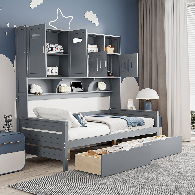 Twin Size Wooden Daybed With 2 Drawers, and All-in-One Cabinet and Shelf, Gray, Gray, Twin
