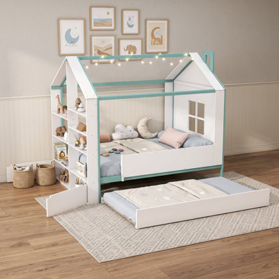 Structure de lit House avec lit gigogne, tablettes de rangement et éclairage DEL