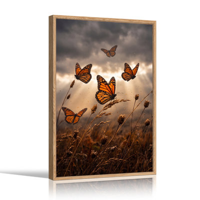 Monarch Butterflies Flying Over Tall Grass In Cloudy Sky Canvas Wall Art