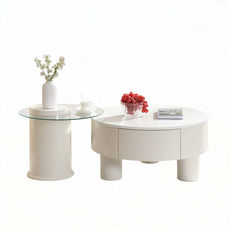 Ensemble de 2 tables basses rondes gigognes, Blanc cassé, Blanc cassé