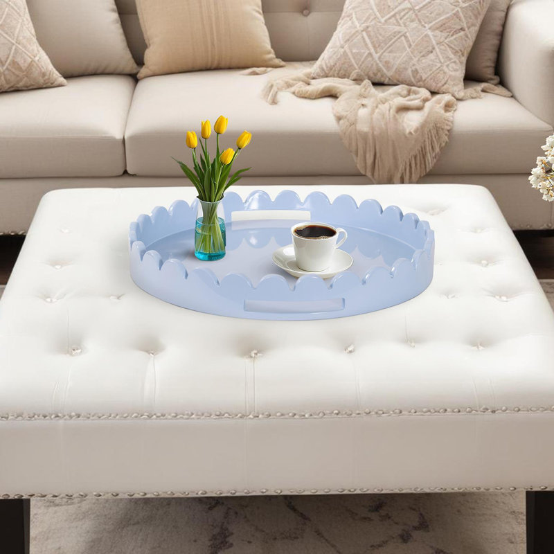 Effa Hand-Crafted Round Scalloped Wood Tray, Blue Gray