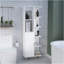 Armoire de salle de bain H 63 po en lin avec sept tablettes ouvertes, un tiroir et quatre pieds Mott, blanc