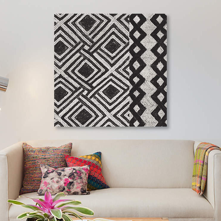«Kuba Tissu Mat III, B&W», impression sur toile, H 26 po x l 26 po x P 1,5 po, Toile tendue, Pas de tapis