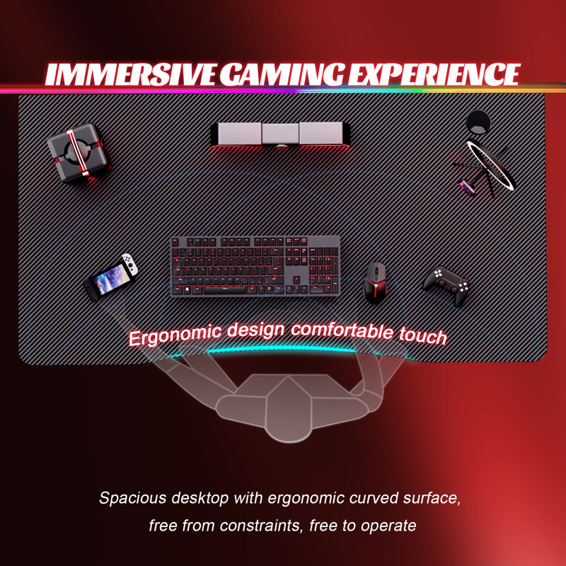 Wrought Studio Gaming Desk With Carbon Fibre Surface- A Shaped Gamer Desk Computer Workstation Home Office Ergonomic PC Desk Simple Gaming Table Home Office Desks