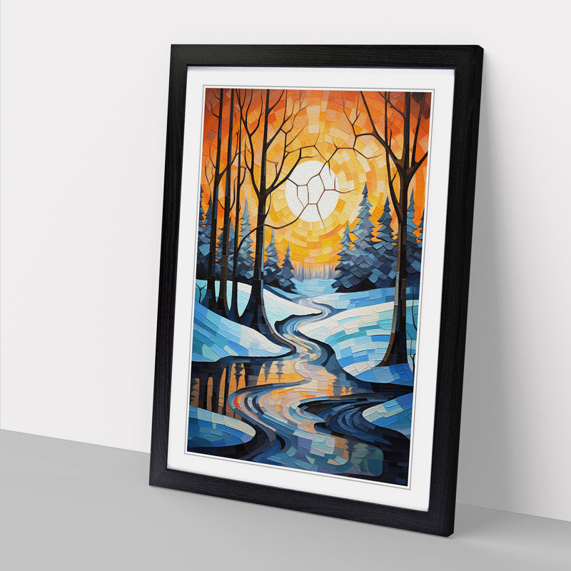 Winter Landscape Cubism - Single Picture Frame Print on Wood, 34cm H x 25cm W x 2cm D, Black