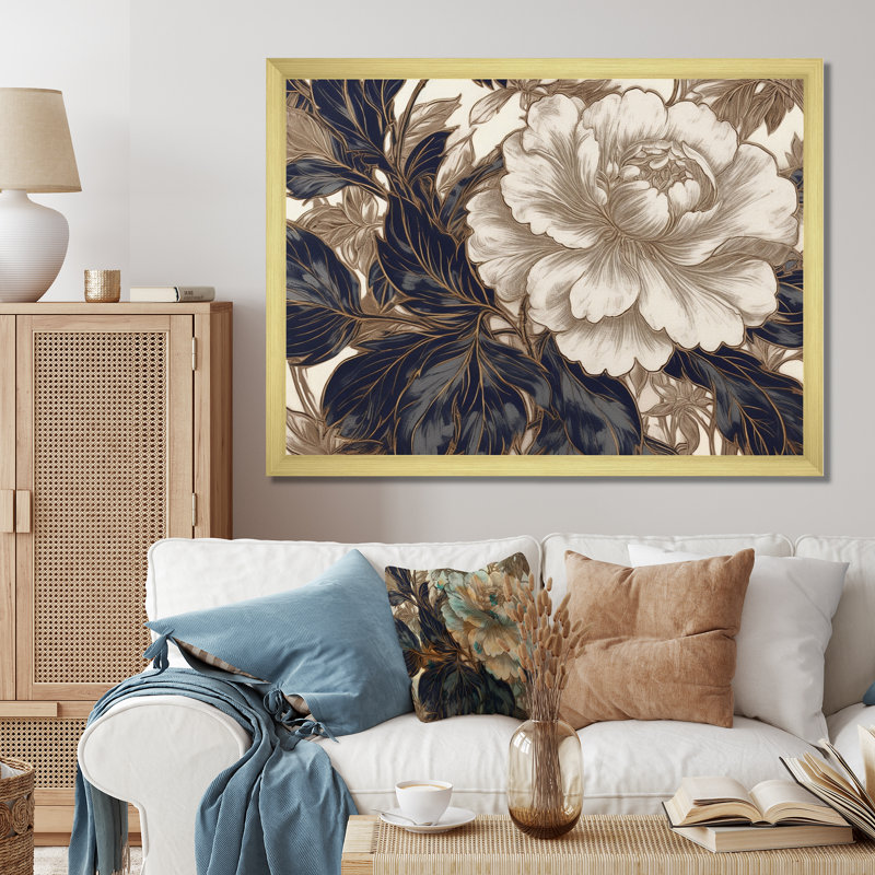 Fleur d'œillet bleu sur fond de Rickel Gold IV sur toile, Cadre doré simple, H 30 po x l 40 po x P 1,5 po