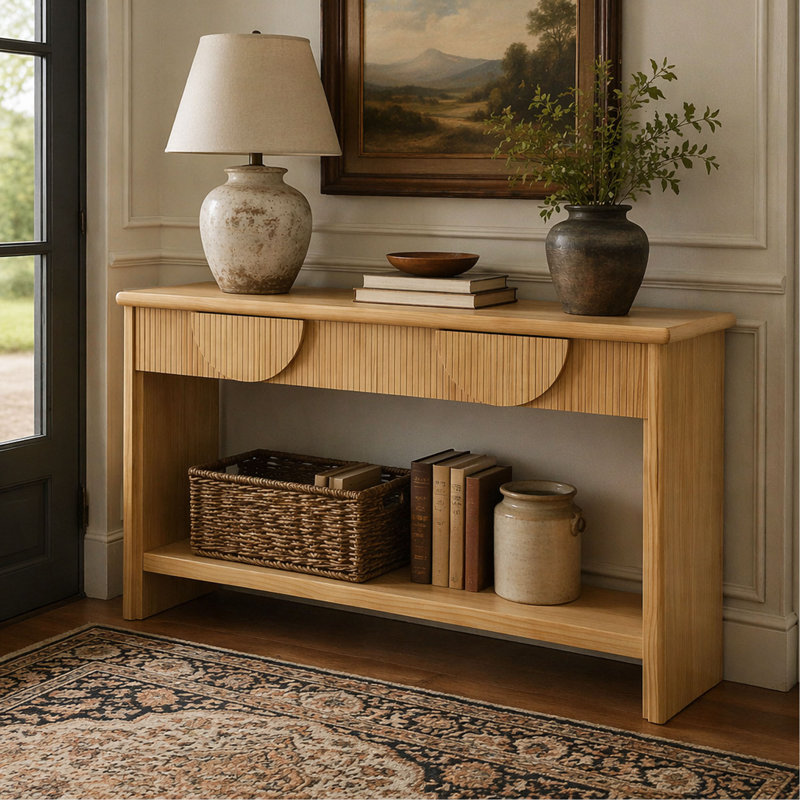 Console cannelée de 55 po, tiroirs semi-circulaires à bande verticale, plateau en bois massif, fermeture en douceur, tablette de présentation inférieure, vestibule / salon / bureau à usages multiples