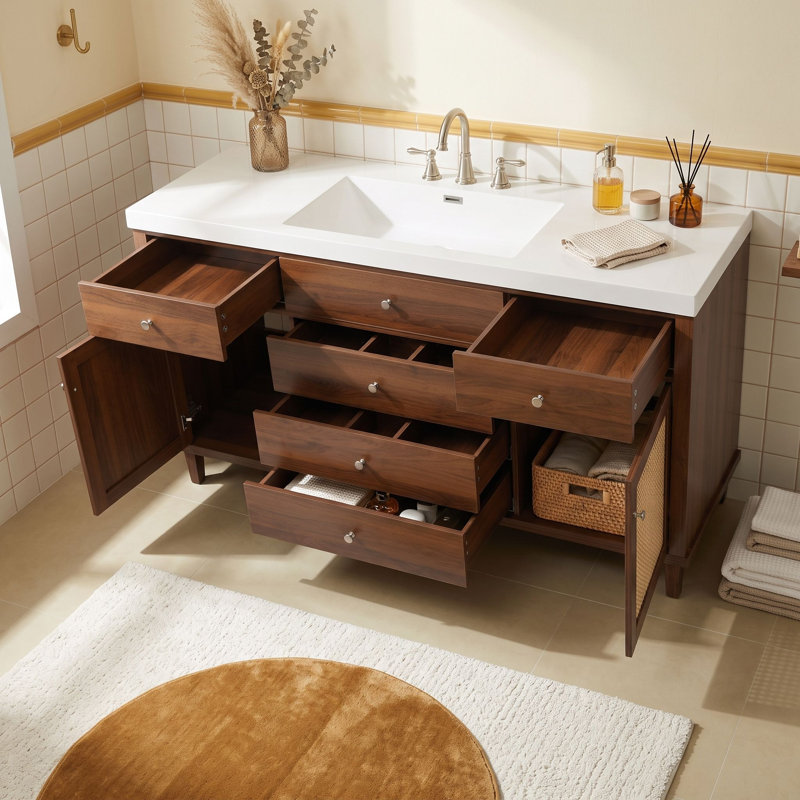 Freestanding Standard Free Standing Single Double Single Vanity Bathroom Vanity With Top, Brown