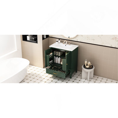 30" Bathroom Vanity with Sink Vintage Style, Multi-functional Storage Space, Door Shelf, Soft-closing Door, Green