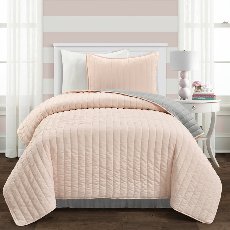 Reyna Soft All Season Reversible Quilt Set, Twin XL, Soft Rose/Light Gray