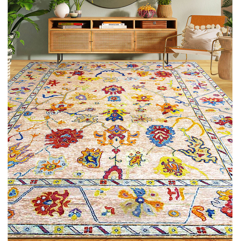 Tapis beige et beige noué à la main de haute qualité, Rectangle 8 pi x 10 pi
