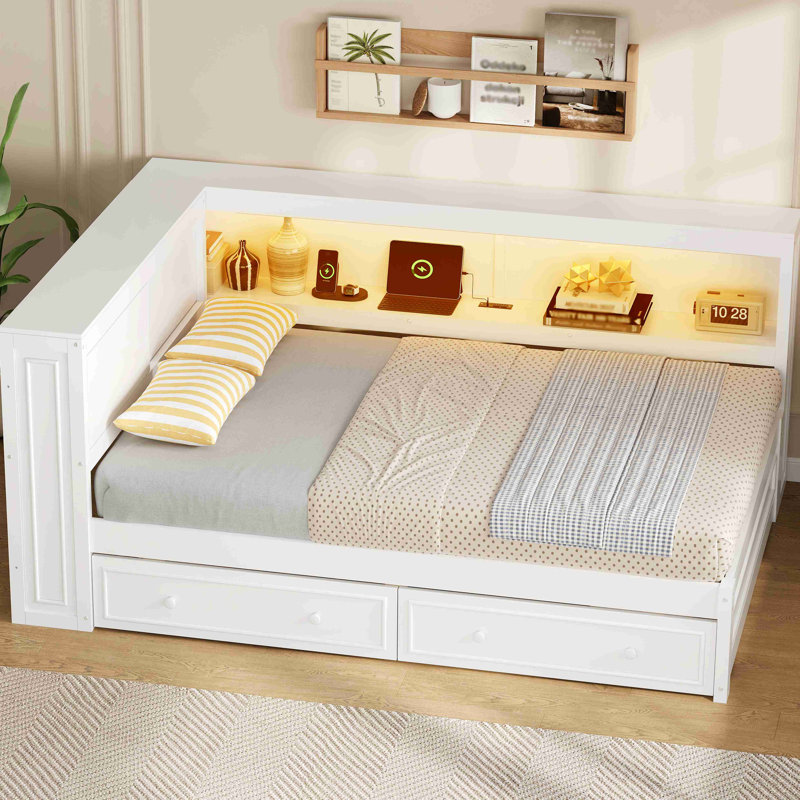 Lit de jour en bois avec tablettes de rangement, USB, DEL et 2 tiroirs, Blanc