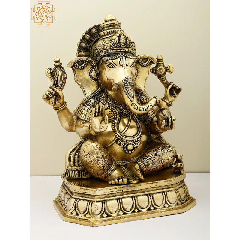 14" Brass Lord Ganesha Idol in Ashirwad Mudra – Handcrafted Hindu God Statue for Spiritual Blessings, Home Temple Decor