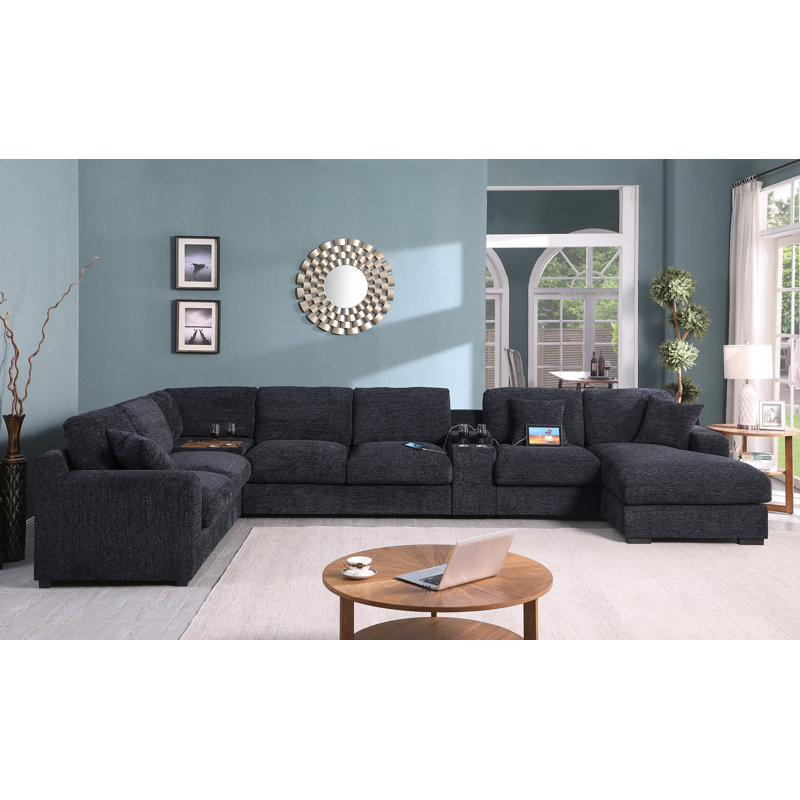 Devendra Upholstered U-Shaped Sectional Right Hand Facing, Dark Gray Chenille