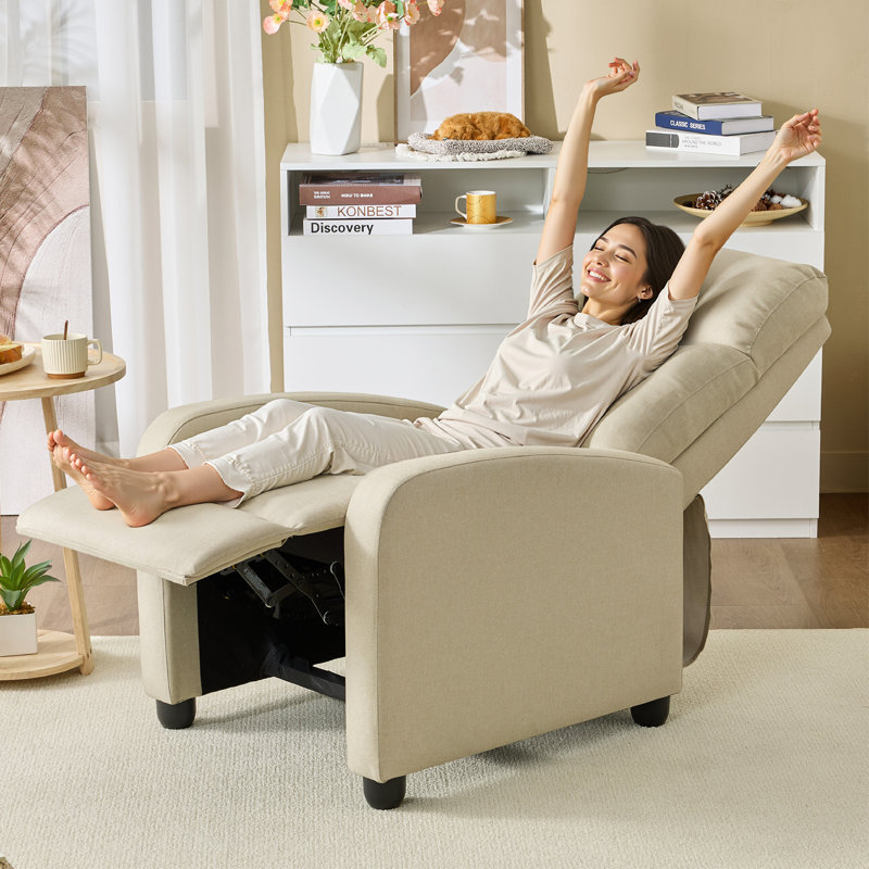 27" Wide Upholstered Manual Push Back Recliner With Side Pocket (Set Of 2), Beige Linen Blend