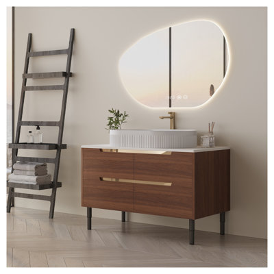 Meuble-lavabo moderne 36 po Mid-Century avec lavabo intégré en céramique, armoire flottante en noyer ou autoportant avec tiroirs à fermeture en douceur