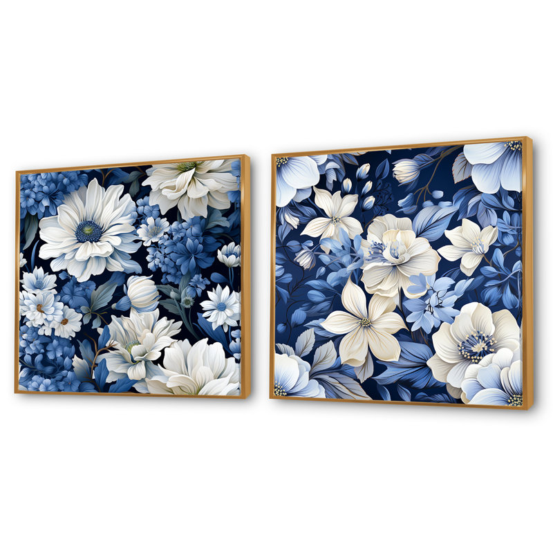Ensemble de 2 collages floraux bleus et blancs à motif floral IV, Cadre flottant doré, H 30 po x l 61 po