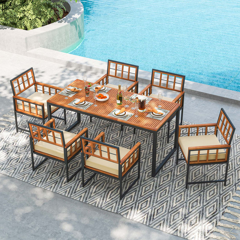 6 - Person Wood Patio Dining Set with Rectangular Table , Cushions Included