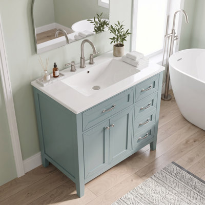 Meuble-lavabo autoportant de 91 cm (36 po) en bois massif et MDF, lavabo intégré en céramique blanche, portes et tiroirs, armoire de rangement verte