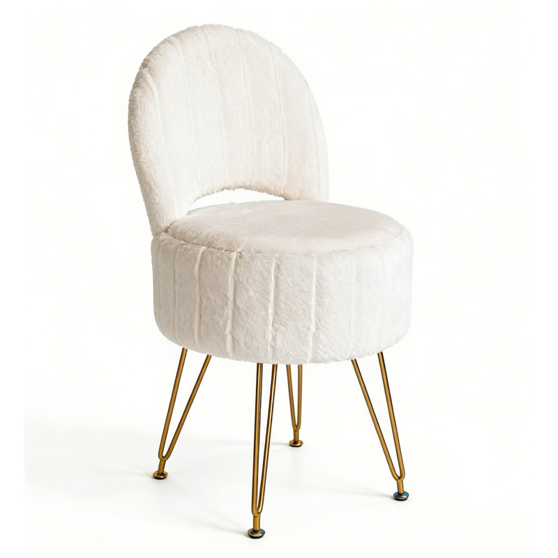 Petit tabouret de meuble-lavabo 13,0 x 13,0 x 28,0 po avec dossier réglable et compartiment de rangement, coussin en fausse fourrure douce sur structure en bois d'ingénierie avec pieds en métal doré, repose-pieds rond, blanc