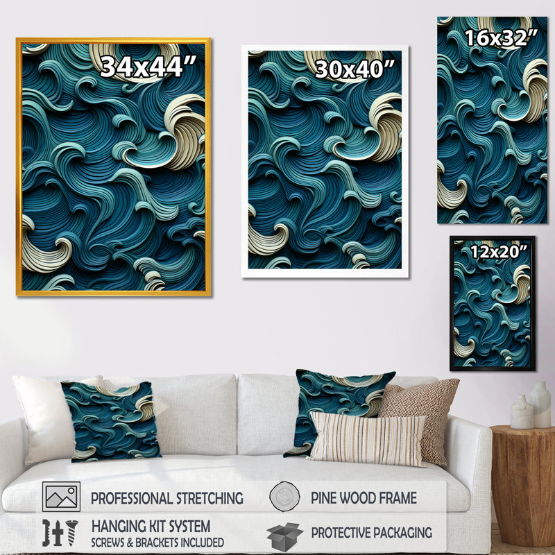 «Blue and White Wave Tiles Impressions II», art mural vagues, Cadre flottant doré, H 20 po x l 12 po x P 1 po