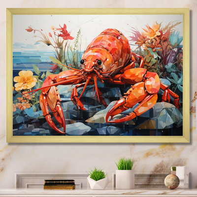 " Coral Yellow Lobster Grace Geometric " Mixed Media Print