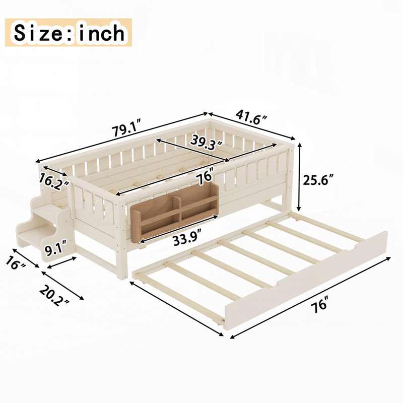 Lit avec bibliothèque intégrée et lit gigogne, Lit simple, Beige