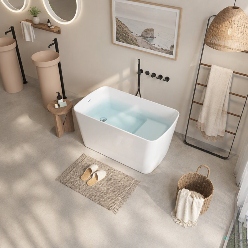 Baignoire de trempage autoportante en acrylique de 49 po, bain de trempage japonais de forme carrée, conception à asseoir avec trop-plein chromé et bonde pour livraison express