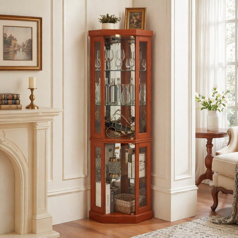 Vitrine de coin lumineuse en verre pour le salon, idéale pour la collection antique, le rangement du vin et la présentation d'objets précieux