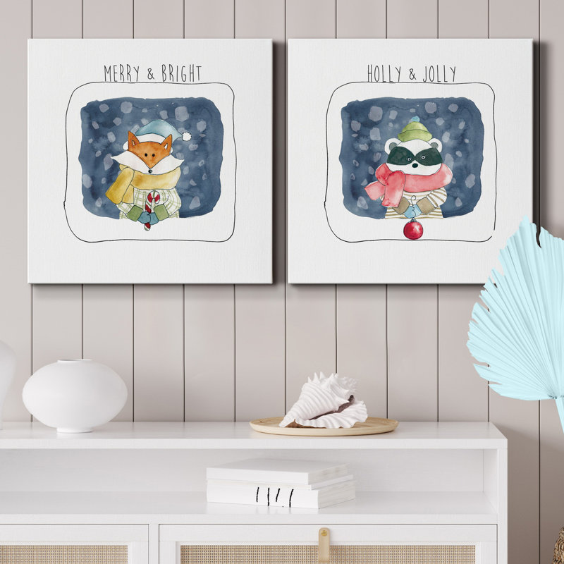 Christmas Fox - ensemble de 2 reproductions d'art sur toile tendue, H 16 po x l 32 po x P 1 po