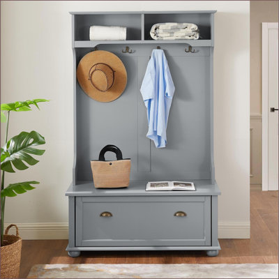 Hall Tree Coat Rack | Classic Coastal 40"W with Shoe Bench, Shelves, Cubbies | Gray | MDF