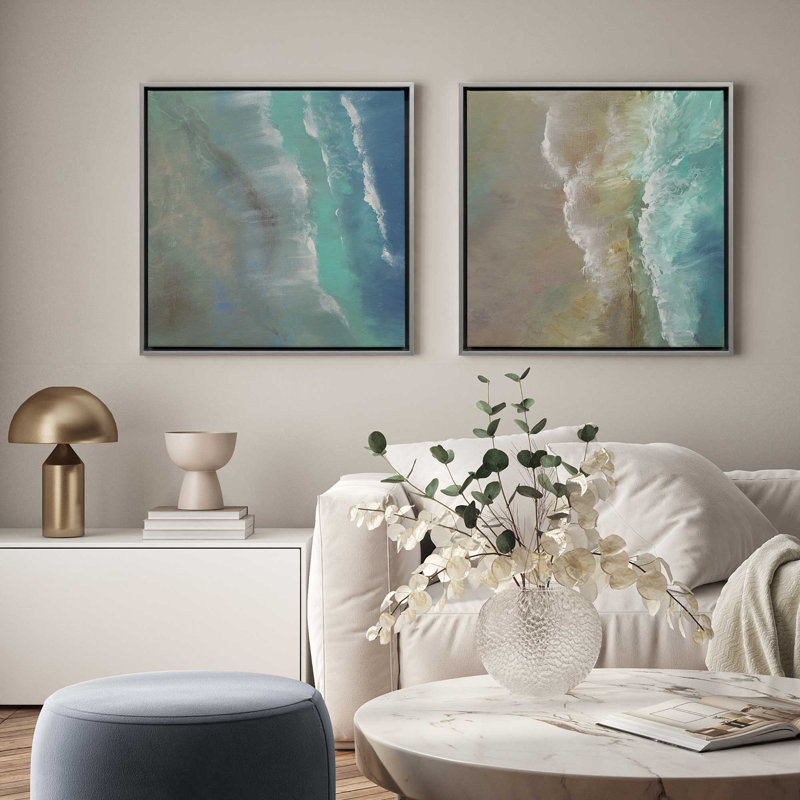 Waves Meeting the Shore Set of 2 Canvas Prints in a White Frame, 24" x 24", Cadre américain en érable flottant