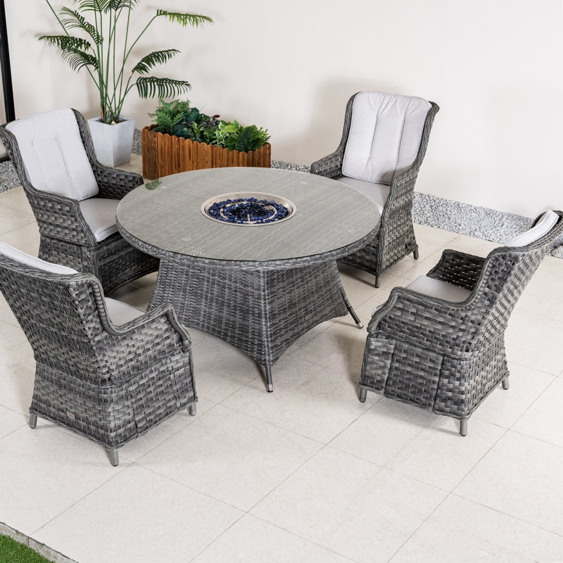 Ensemble repas pour 4 personnes en osier avec table ronde, coussins inclus, Coussin blanc / cadre gris