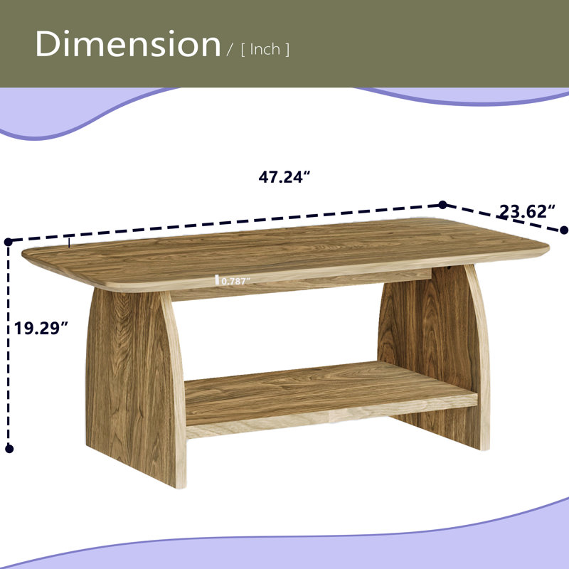 Table basse de salon moderne de 47 pouces, table basse rectangulaire à double couche avec fonction de rangement, conception de coin arrondi, matériau en bois aggloméré