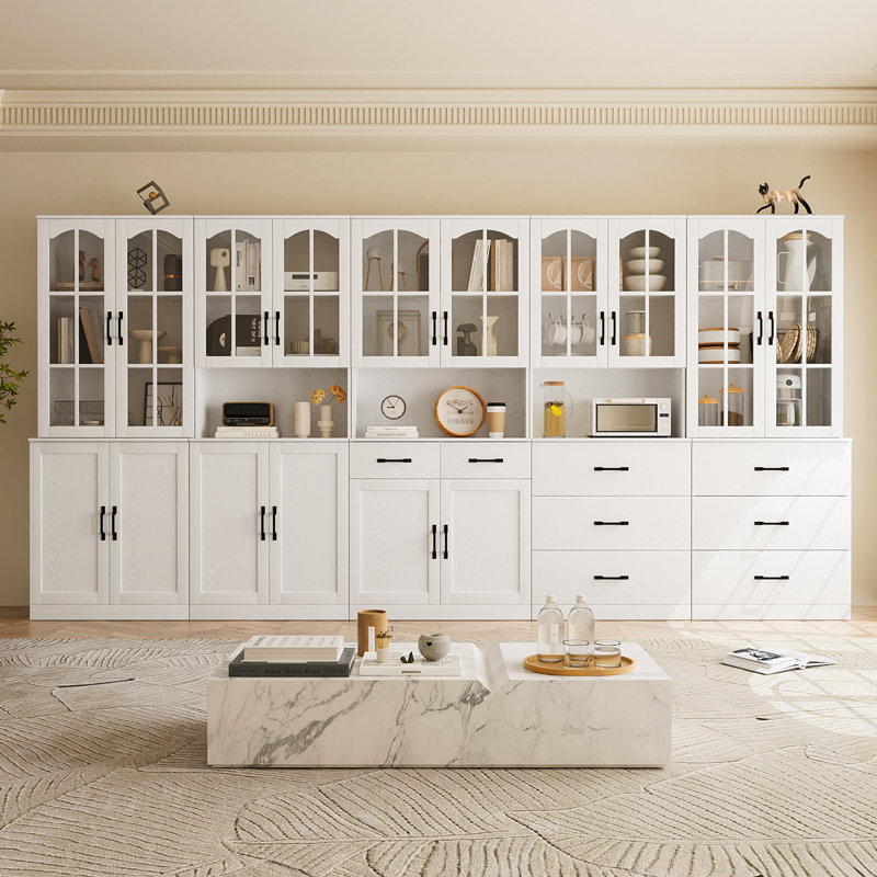 White 71" H X 126" W Glass Door Bookcase With Hutch, Storage Drawers & Countertop | Freestanding Multi-Functional Storage Wall Unit (ABCDE)