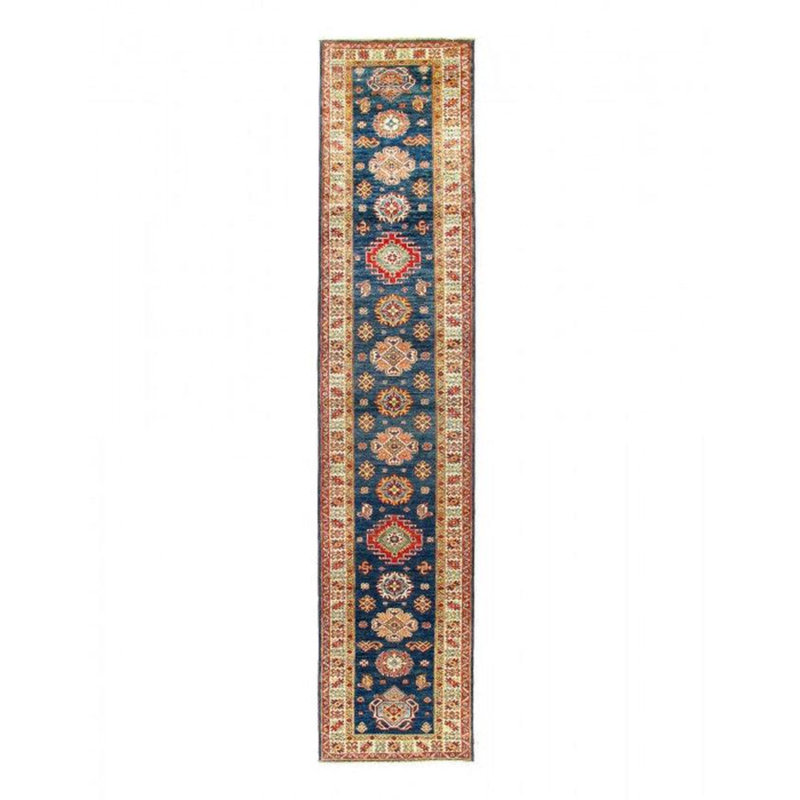Tapis de couloir en coton et en laine noué à la main de style oriental bleu marine / brun / beige 2 pi 8 po x 13 pi 3 po