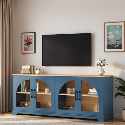 Farmhouse Tv Stand With Semi-arched Glass Doors, Adjustable Shelves And Cable Management